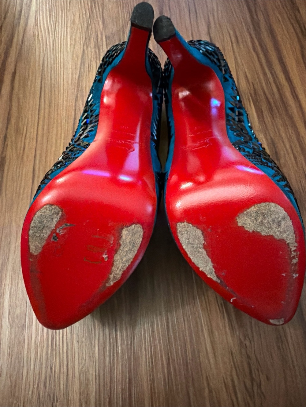 Christian Louboutin Decora Strass Teal Blue Suede Crystal Platform Pumps 38 - Picture 12 of 13
